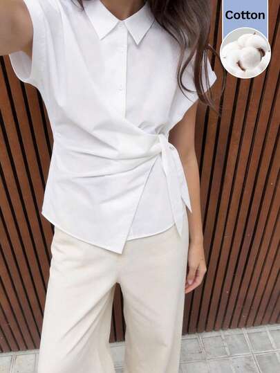 Maija Outfit Deas For Blouse,Women's Solid Color Bat Sleeve Side Knot Casual Shirt White Tie Front Top White Elegant Top Tie Up Shirt White Blouse Elegant White Outfit Women,Office Outfits For Women , Office Attire For Women, Office Wear Women