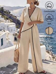 Breezaya Women's Elegant Loose Fit Crossover Collar Contrast Trim Waist Wide Leg Jumpsuit, Summer Resort Wear Women Vacation Women's Vacation Jumpsuit Beach Vacation Romper Linen Jumpsuit Vacation Outfit Women Jumpsuit Wrap Jumpsuit Linen Fashion Women Women's Linen Jumpsuit Vacation Jumpsuit Women V Neck Jumpsuit Casual Jumpsuit Work Outfits Women Jumpsuit For Women Vacation Outfits For Women Cruise Outfit For Women Summer Outfits For Women Coastal Chic Outfits Resort Wear For Women Santorini Outfit For - Khaki - View 5