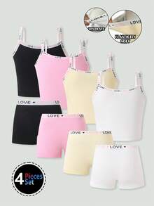 Bộ áo hai dây và quần lót bằng cotton cho bé gái, nhiều chiếc, họa tiết đầu thỏ và màu trơn. - Nhiều màu - Xem 2