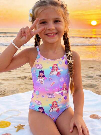 K-Pop Superstars Cartoon Girl Group Gradient Print One-Piece Swimsuit, Suitable For Summer