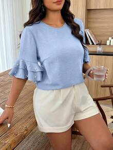 Weeklong Plus Size Women's Round Neck Ruffle Sleeve Beaded Casual Blouse, Spring/Summer - Baby Blue - View 4