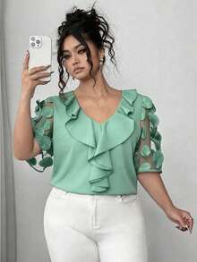 Elenzga Plus Size Women's Mesh Patchwork Puff Sleeve Solid Color V-Neck Ruffle Hem Blouse, Summer - Mint Green - View 5