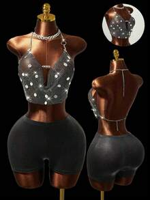 Mistrie Women's Black Rhinestone Mesh Camisole,70s Retro Sequin Music Festival Tank Top,Hollow Out Beaded Halter Tops For Summer Club Party Carnival Y2K - Black - View 1