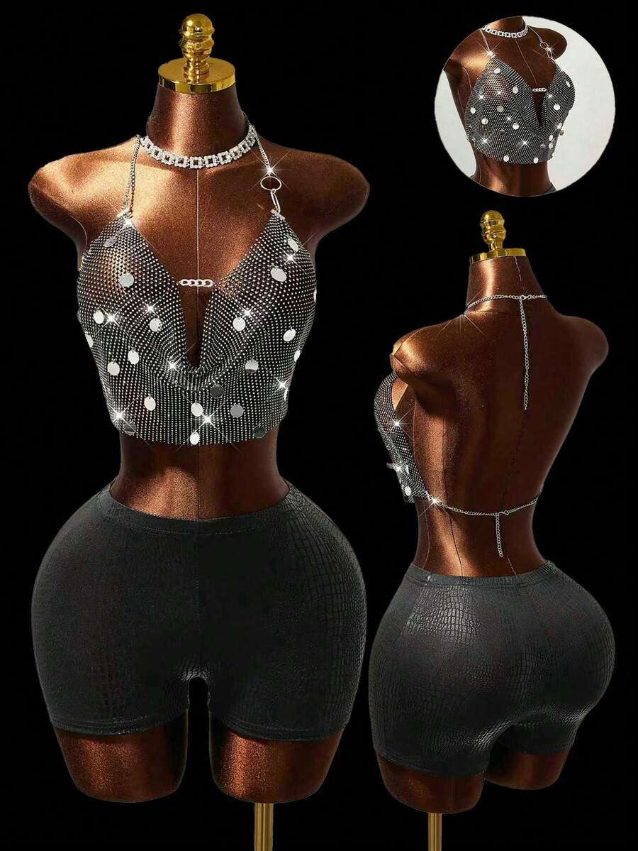 Mistrie Women's Black Rhinestone Mesh Camisole,70s Retro Sequin Music Festival Tank Top,Hollow Out Beaded Halter Tops For Summer Club Party Carnival Y2K - Black - View 1