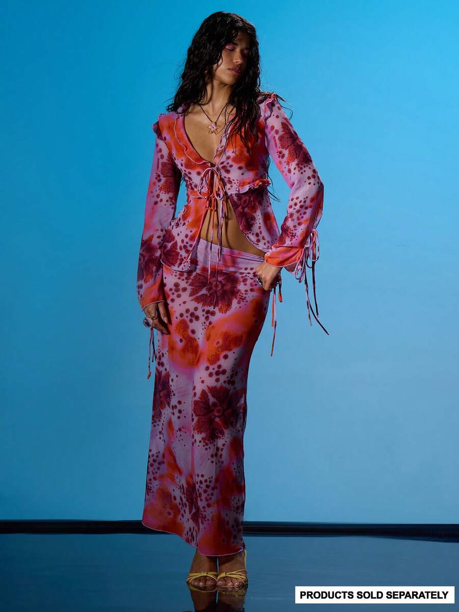 MUSERA 系带侧腰直筒修身长裙套装（仅含下装）夏季性感外出海滩度假伊比沙岛俱乐部热带风情 - 彩色 - 查看 1