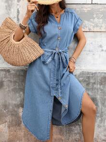 Breezaya Women's Denim Dress With High Slit - Brown - View 5