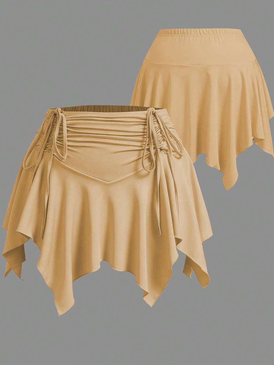 Sweetra CURVE Plus Size Elastic Waist Front Drawstring Asymmetrical Hem Skirt Pants - Brown - View 1