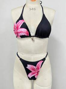 Swim SXY 3pcs Floral Print Halter Tie Front Seashell Decor Mesh Backless Dress Sexy Bikini Set For Women - Multicolor - View 5