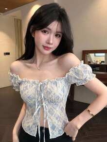 Joudiya 春夏蝴蝶結刺繡滿版印花紋理格紋蕾絲上衣，情人節婚禮宴會時尚派對露肩短版上衣，前綁帶設計修身收腰短袖女款襯衫 - 藍色 - 查看 7