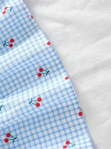 SHEIN Vintaside Kids Adorable Young Girls Fitted Blue Checkered Cherry Embroidered Camisole Top And Shorts Outfit - Blue - View 6