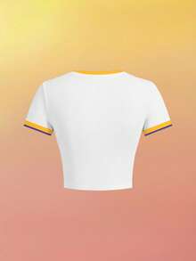 SpongeBob SquarePants | SHEIN Camiseta de manga corta de mujer con cuello redondo, estampado de letras de dibujos animados, de uso casual y versátil para el uso diario - Blanco - Ver 2