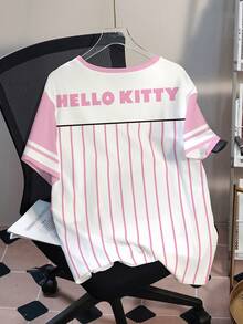 HELLO KITTY AND FRIENDS | SHEIN 大码夏季休闲条纹卡通印花T恤 - 白色 - 查看 2
