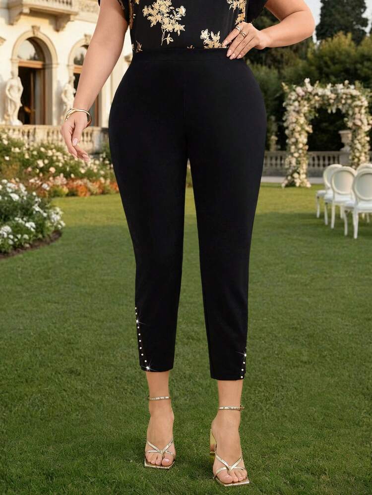 Plus Size Pearl Decor Black Casual Pants
