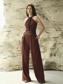 MOTF PREMIUM WOMEN'S HALTER NECK LINEN JUMPSUIT, SPRING/SUMMER - Brown - View 5