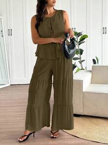 SHEIN Frenchy Plus Size Summer Casual Versatile Multi-Layer Ruffle Patchwork 2 Pieces Set, Women Top + Pants, Suitable For Daily Wear And Beach Vacation - Coffee Brown - View 3