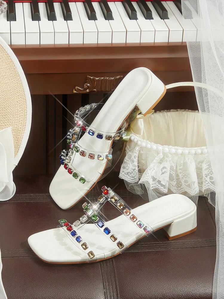 CUCCOO HITCHD Women Shoes Summer New Colored Rhinestone Decorative Transparent Film With Open-Toed Square Toe Medium Thick Heel Half Slippers, Fashionable And Elegant, Slip-On Is Not Tired, Versatile Fairy Style, Sexy Temperament, Advanced Sense Of Fashionable Slippers Summer Shoes