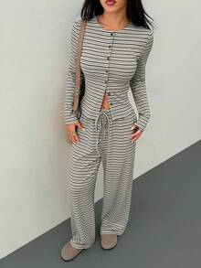 SHEIN PETITE 2pcs Women Casual Striped Front Button Long Sleeve Top And Wide Leg Pants Set, Spring And Summer,Work Outfits For Women - Multicolor - View 5