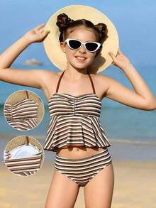SHEIN Tween Girls Tankinis, Cute Knitted Jacquard Fabric Halter Neck Ruffle Hem Design Swimsuit Two Pieces Set, European And American Fashion Elegant Casual Graceful, Suitable For Swimming, Beach, Vacation, Summer - Multicolor - View 1