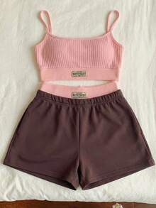 Comfortcana 女士休闲街头风字母印花露脐上衣和二合一短裤套装，夏季字母印花背心和撞色拼接长裤，粉色和棕色，可爱装扮 - 彩色 - 查看 4