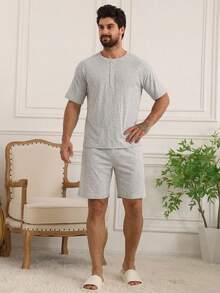 DAZY Bộ đồ ngủ nam màu xám tay ngắn và quần short, thích hợp cho mùa hè. - Màu Xám nhạt - Xem 5