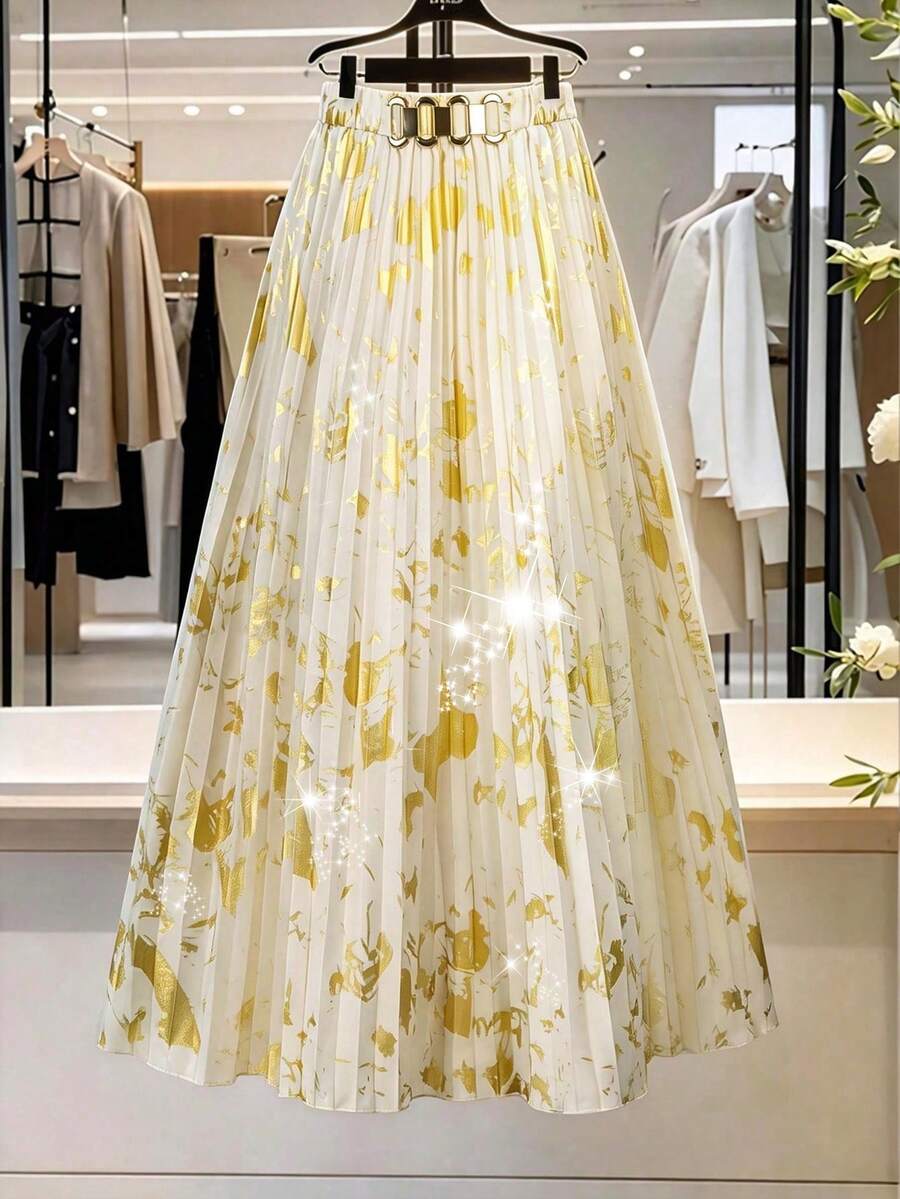 Franclia Chân váy xếp ly đính kim loại ánh vàng dành cho nữ cỡ lớn, thích hợp cho mùa xuân/hè. - Màu be - Xem 1