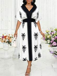 SHEIN Lady 大码撞色V领中袖复古时尚夏季休闲连衣裙 - 彩色 - 查看 5
