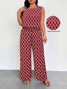EMERY ROSE Plus Size Geometric Print Sleeveless Elastic Waist Casual Jumpsuit - Red - View 3