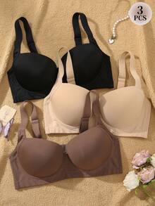 SHEIN 3 pièces/set Soutiens-gorge grande taille avec armature, bretelles larges confortables et antidérapantes, soutien-gorge de levage et d'embellissement - Multicolore - Voir 1