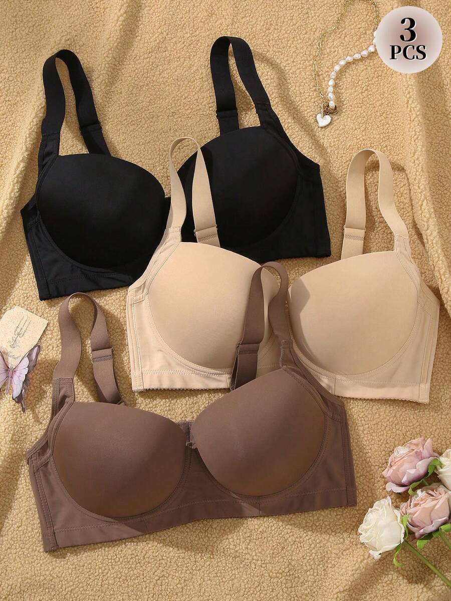 SHEIN 3 pièces/set Soutiens-gorge grande taille avec armature, bretelles larges confortables et antidérapantes, soutien-gorge de levage et d'embellissement - Multicolore - Voir 1