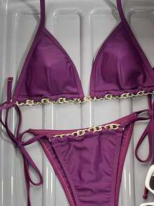 Swim SXY Bộ bikini gợi cảm dành cho nữ, màu tím đậm, kiểu tam giác, dây rút, cổ yếm, phối dây xích vàng, lưng hở, buộc bên hông. - Màu tím - Xem 3