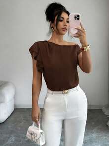 Ellegaria. Asymmetric Open Shoulder Top/Ruffle Trim + Single Shoulder Exposed Fashionable Elegant Sexy Blouse - Brown - View 5