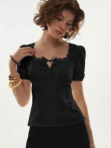Poéselle 女士优雅纯色蕾丝边衬衫，夏季，夏季上衣，商务休闲女式上衣，正式场合女式上衣，优雅时尚女式衬衫 - 黑色 - 查看 4