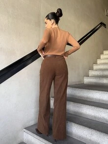 Marta Soriano All-Match Round Neck Casual Versatile Long Sleeve Knit Sweater For Women Brown Long Sleeve Top Brown Tops For Women Coffee Brown Top Brown Blouses Earthy Tops - Camel - View 2