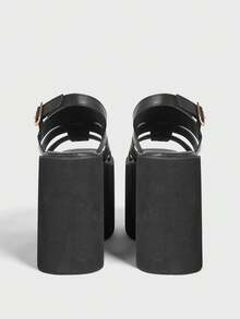 Sugerpunk Giày nữ mùa xuân hè, kiểu dáng quai cài sau, mũi thường, đế dày 13cm, gót dốc, phong cách punk, da PU đen, đế dày, thích hợp cho tiệc tùng, ngày Valentine, phong cách thập niên 2000, giày hè. - màu đen - Xem 4