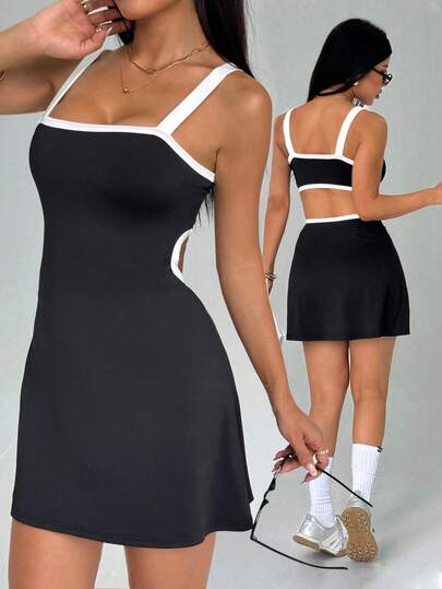 Rhythm Era Casual Versatile Contrast Color Plus Size Backless Design With Pocket Lining Sports Dress