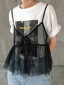 FRIFUL 女士系带网纱修身吊带背心，正面系带褶皱下摆，夏季 - 黑色 - 查看 5