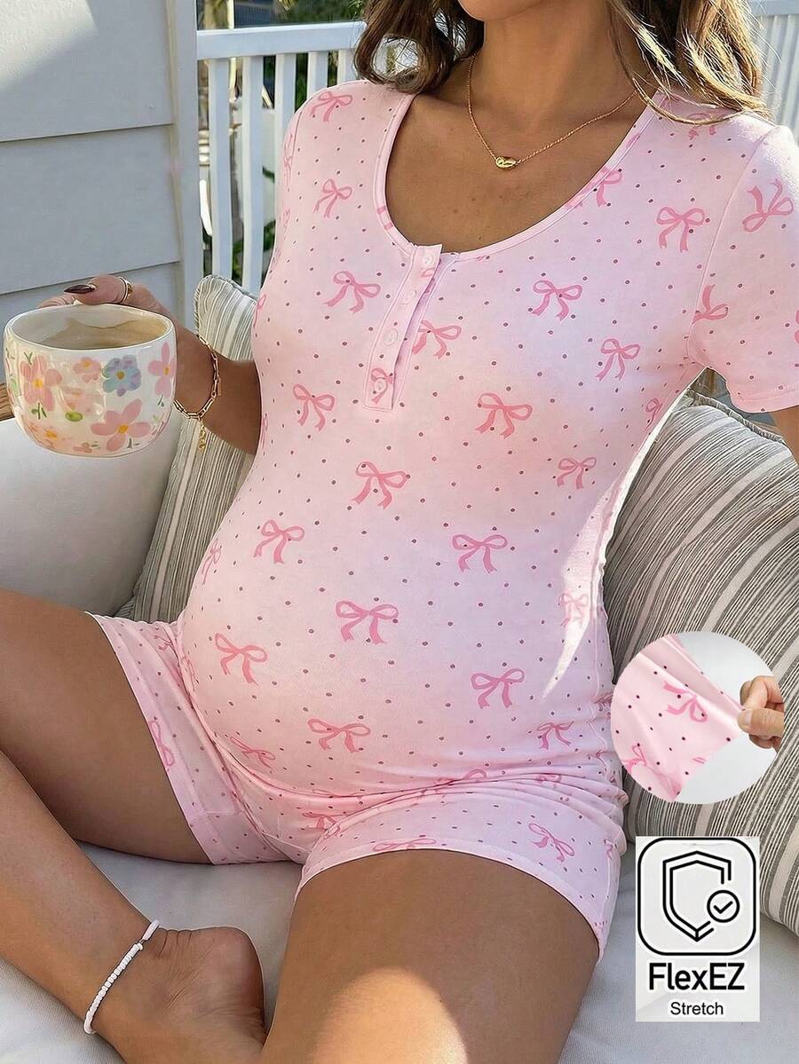 SHEIN Đầm bầu tay ngắn ôm dáng, in họa tiết nơ và chấm bi. - Hồng - Xem 1