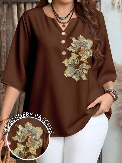 EMERY ROSE ملابس علوية كاجوال كبيرة الحجم مزينة بالزهور والخرز بياقة على شكل حرف V، مناسبة للصيف، ملابس علوية صيفية، ملابس علوية لون كاكي