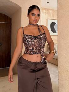 Maria Perezxox Women's Summer Concert Music Festival Streetwear Y2K Lace Leopard Bow Tank Tops Leopard Print - Brown - View 1