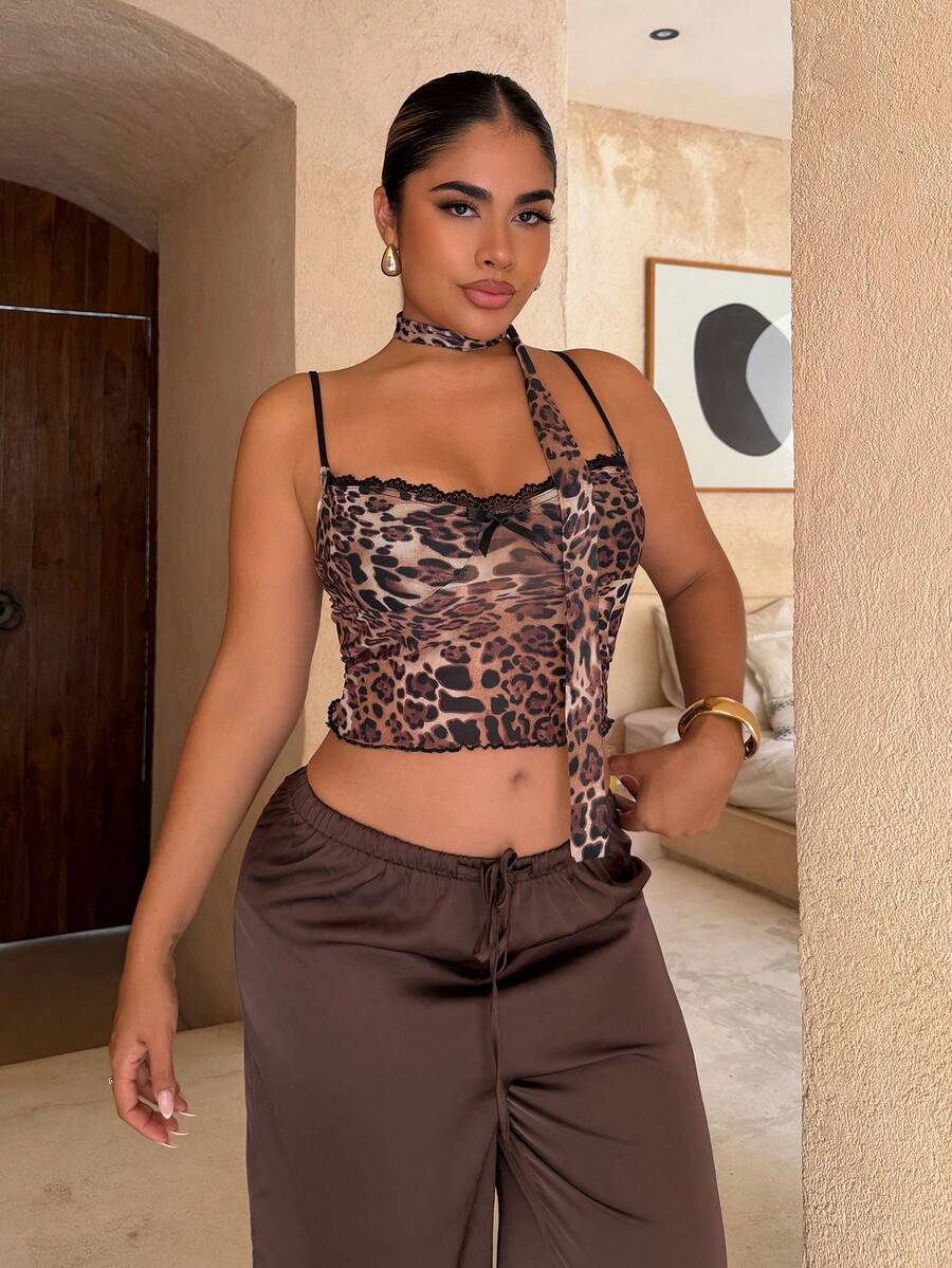 Maria Perezxox Women's Summer Concert Music Festival Streetwear Y2K Lace Leopard Bow Tank Tops Leopard Print - Brown - View 1