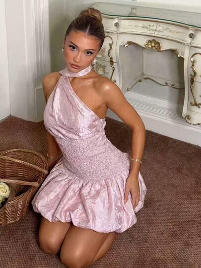Glamine Charm Vacation Style Ruffle Hem Dress, Halter Backless Women's Dress, Jacquard Fabric Pink Dress, Waist Ruffle Hem Dress Blush Pink Jacquard Halter Backless Bubble Hem Mini Dress Spring Wedding Guest Pink Bridesmaid Mini Dress Vintage Feminine Jacquard Satin Mini Dress Premium Jacquard Satin Fabric Mini Dress Premium Jacquard Satin Fabric Mini Dress Date Night Romantic Jacquard Mini Dress Halter Neckline With Backless Detail & Smocked Waist + Bubble Hem  Jacquard Satin Romantic Formal Style Spring Spe