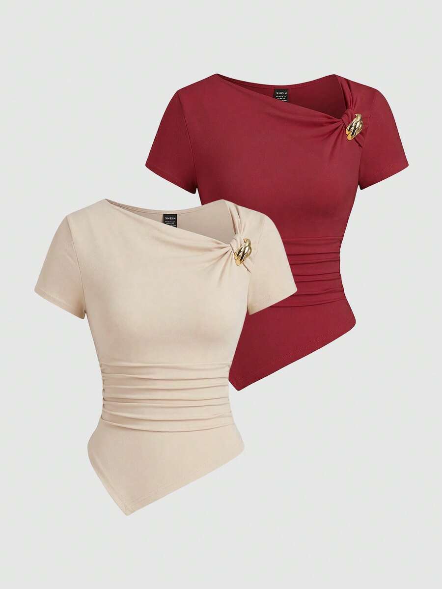 Sweetra Áo thun bất đối xứng trang trí kim loại thanh lịch, thích hợp cho mùa hè. - Nhiều màu - Xem 1