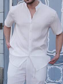 LEOGASHI LEOGASHI 2 件男士休闲纯色纹理短袖衬衫和抽绳腰宽松直筒裤套装，男士两件套服装，男士服装，舒适服装 - 白色 - 查看 3