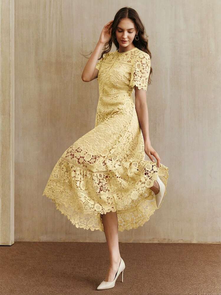 Elegant Lace Patchwork Graceful Yellow Short Sleeve Floral Splice Dress For Women Lace Dresses For Women Elegant
