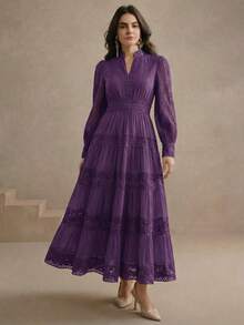 Anewsta 复古V领蕾丝拼接收腰长袖喇叭连衣裙，显瘦优雅高端 - 紫色 - 查看 5