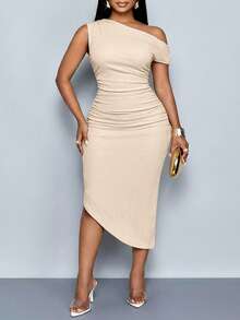 SOLERSUN Rochie elegantă pentru femei, în ton neutru, cu decolteu asimetric, în pliuri, mulată, textură, slim fit, cu tiv asimetric, pentru petrecere, ieșiri de weekend, zile de lucru business-casual, petreceri casual/cocktailuri - Caisă - Vizualizare 5
