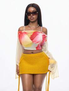 Coolane Women's Summer Party Tropical Vacation Vacation Outfits Beach Outfits Going Out Chic Off Shoulder Split Long Sleeve Flower Graphics T-Shirt - Multicolor - View 4