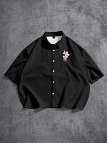 Manfinity ZONE917 宽松短袖休闲时尚粉色玫瑰负片印花衬衫，适合春夏穿着，送朋友的礼物 - 黑色 - 查看 5