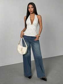 SHEIN PETITE Deep V-Neck Backless Polka Dot Camisole With Waist Cinching A-Line Hem,Summer Top - White - View 1