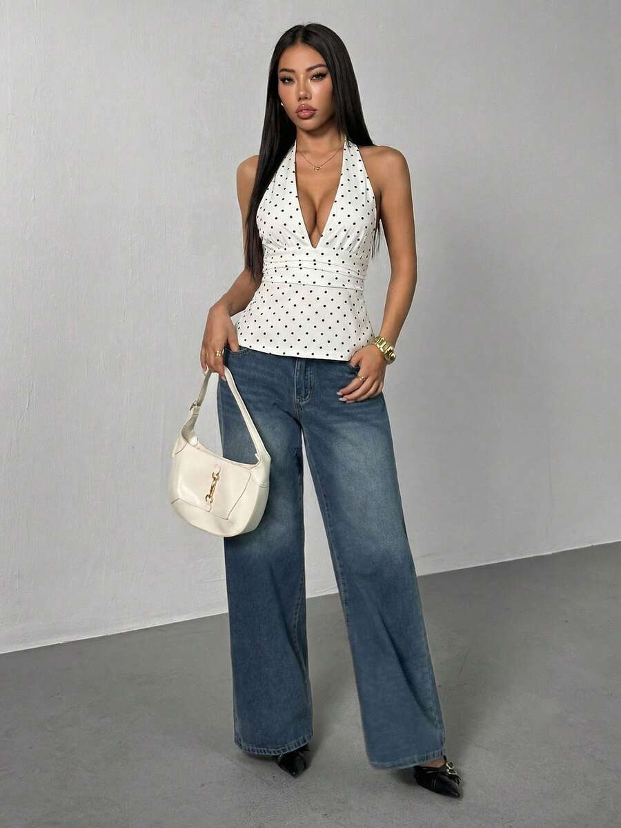 SHEIN PETITE Deep V-Neck Backless Polka Dot Camisole With Waist Cinching A-Line Hem,Summer Top - White - View 1